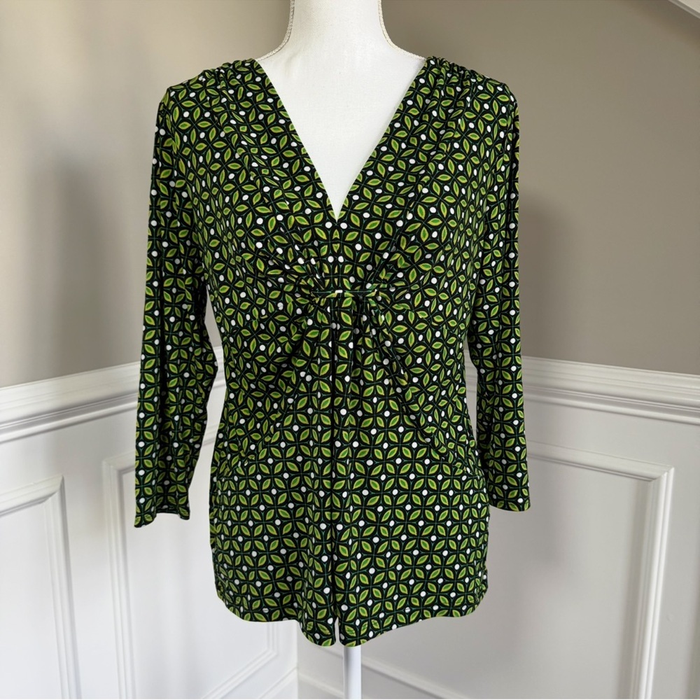 Chaus Green Black Geometric Tie-Front Blouse